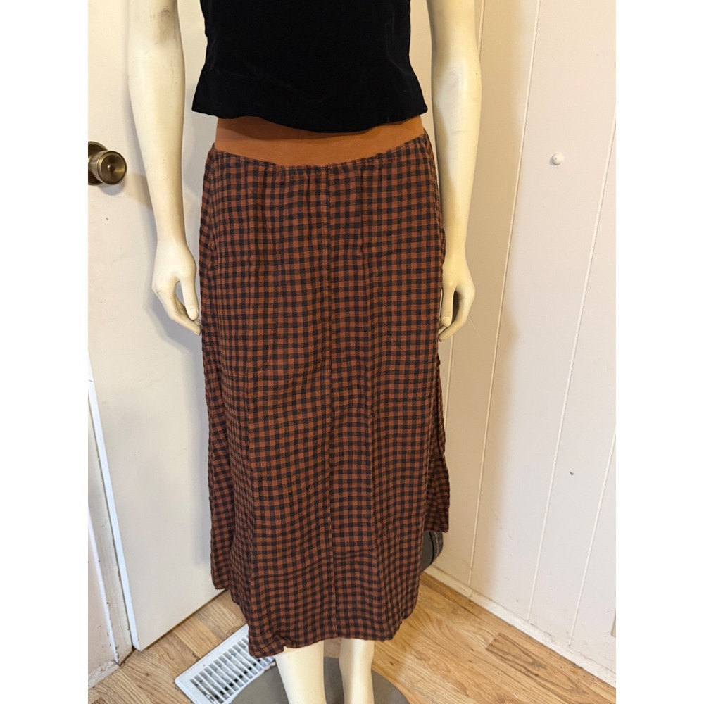 Cut Loose Brown Black Gingham Plaid Midi Skirt Elastic Waist Pockets Small
